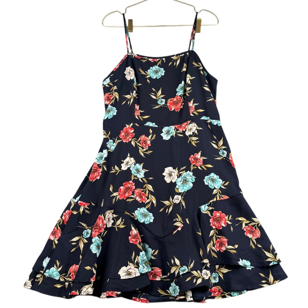 Xhilaration Navy Floral Smocked Spaghetti Strap Ruffle Dress Women Size L 187